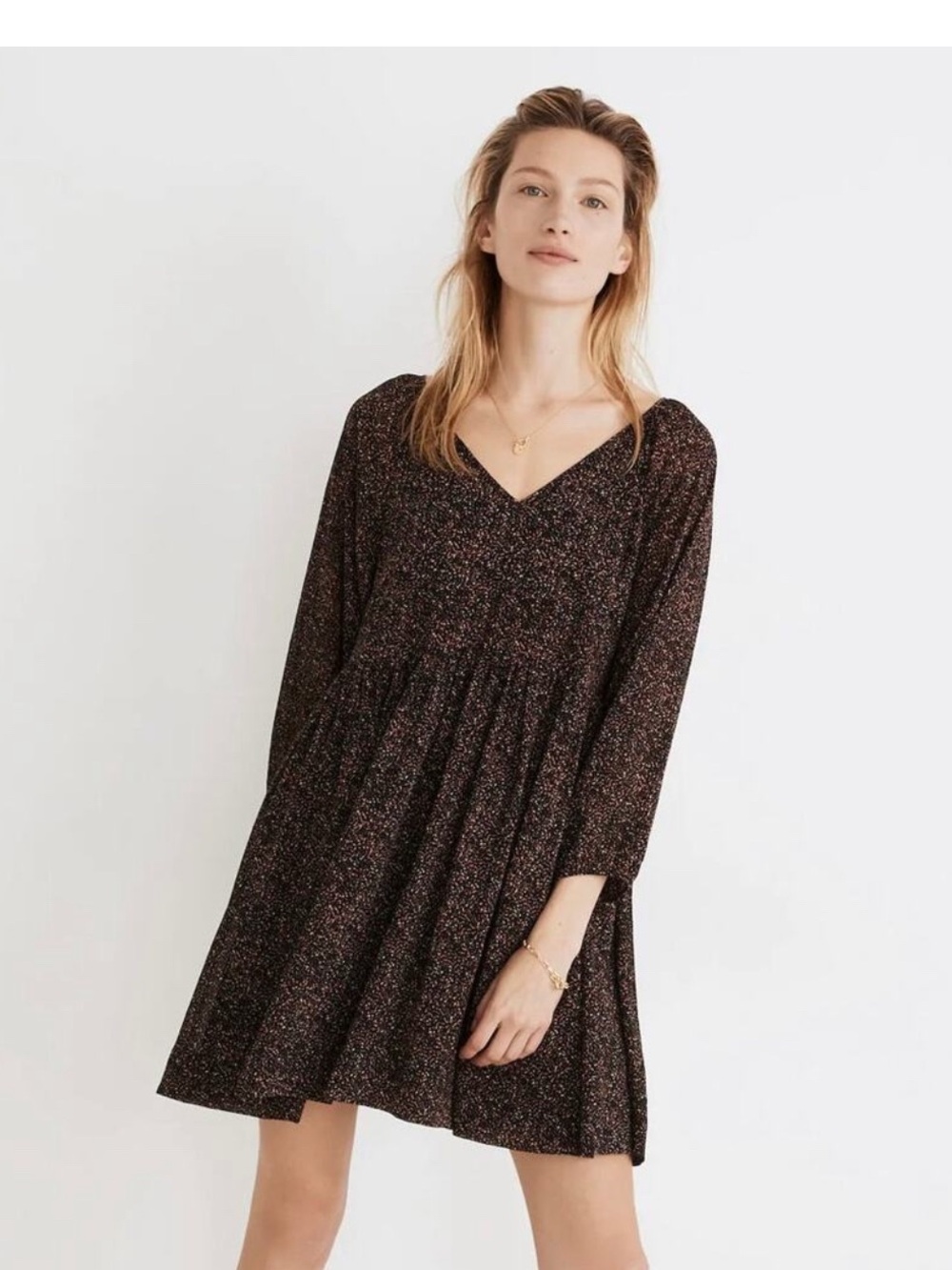 Madewell Crinkle Georgette V-Neck‎ Babydoll Dress in Brushed Texture.